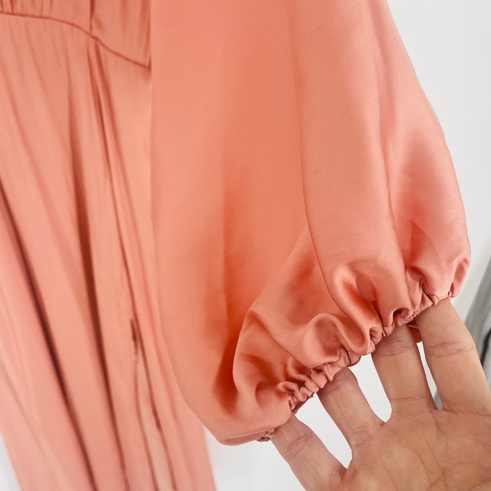Blush Satin Midi Dress in Rose Blush with Balloon Sleeves - Picture 8 of 16